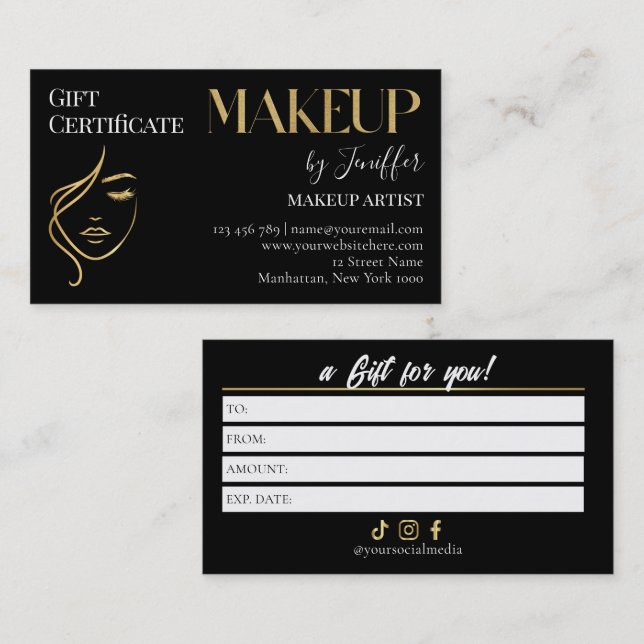 Luxury Black & Gold Makeup Gift Certificate Card (Front/Back)