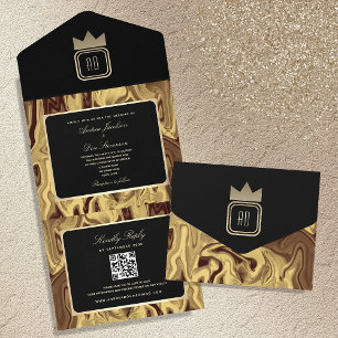 Luxury Black Gold Marble Monogram Wedding Invite