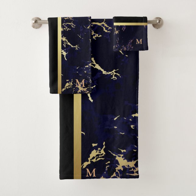 Luxury Black Gold Marble Monogrammed Bath Towel Set (Insitu)