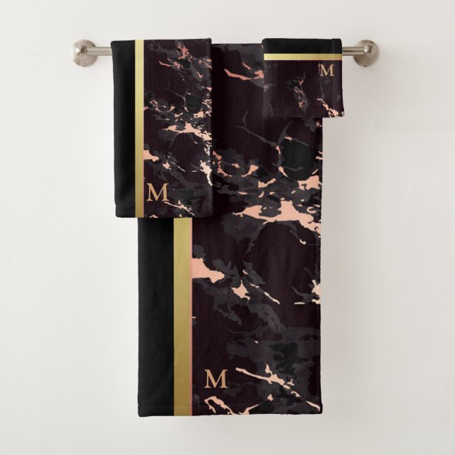 Luxury Black Gold Marble Monogrammed Bath Towel Set (Insitu)