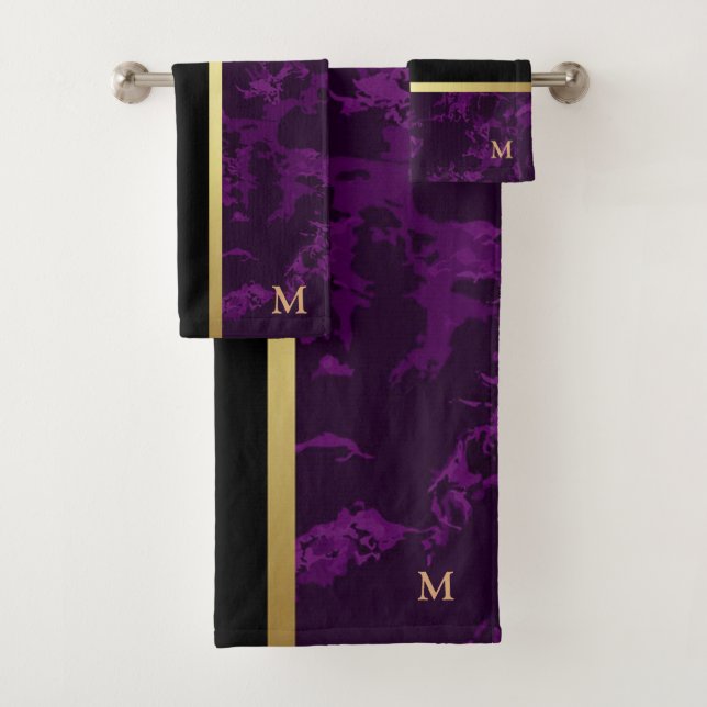 Luxury Black Gold Marble Monogrammed Bath Towel Set (Insitu)