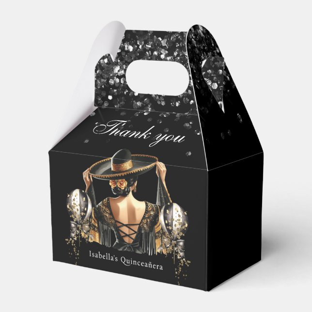 Luxury Black Gold Mexican Style Quinceañera Favor Box (Front Side)