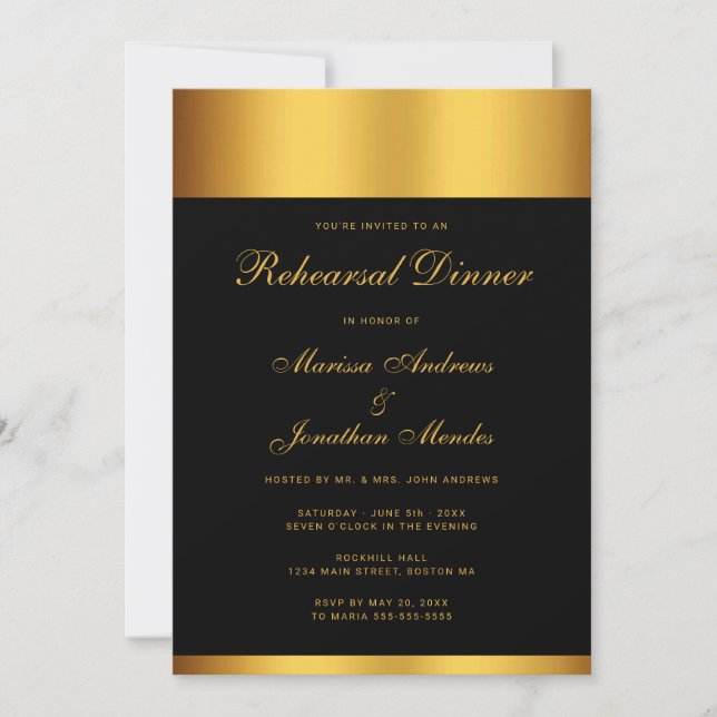 Luxury Black Gold Monogram Rehearsal Dinner Invitation (Front)