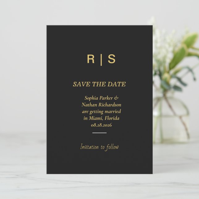 Luxury Black Gold Monogram Save The Date Card (Standing Front)