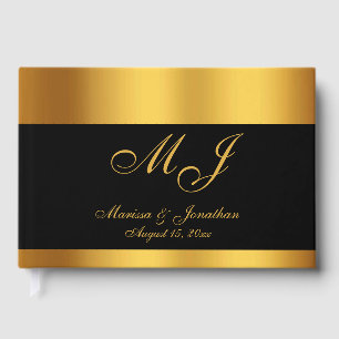 Luxury Black Gold Monogram Script Wedding Guest Book