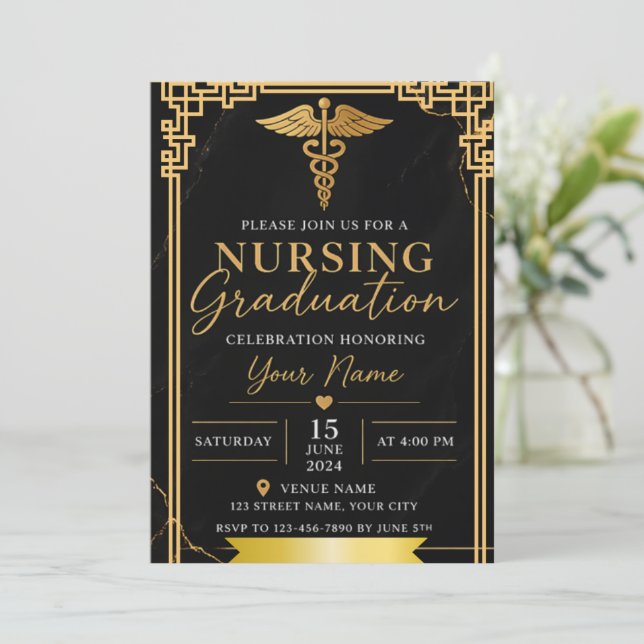 Luxury Black Gold Nursing Graduation Invite Caduce (Standing Front)