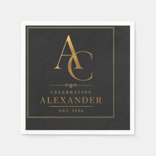 Luxury Black & Gold Personalized Birthday Cocktail Napkin