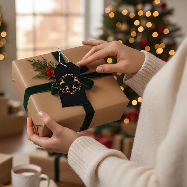 Luxury Black & Gold Reindeer Christmas Gift Tag (Creator Uploaded)