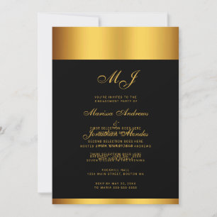 Luxury Black Gold Script Monogram Engagement Party Invitation