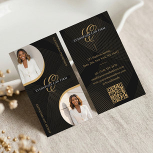 Luxury Black Gold Script Monogram Law Firm Photo Business Card