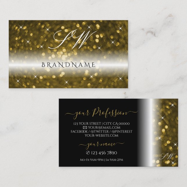 Luxury Black Gold Sparkling Glitter Stars Initials Business Card (Front/Back)