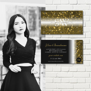 Luxury Black Gold Sparkling Glitter Stars Monogram Business Card