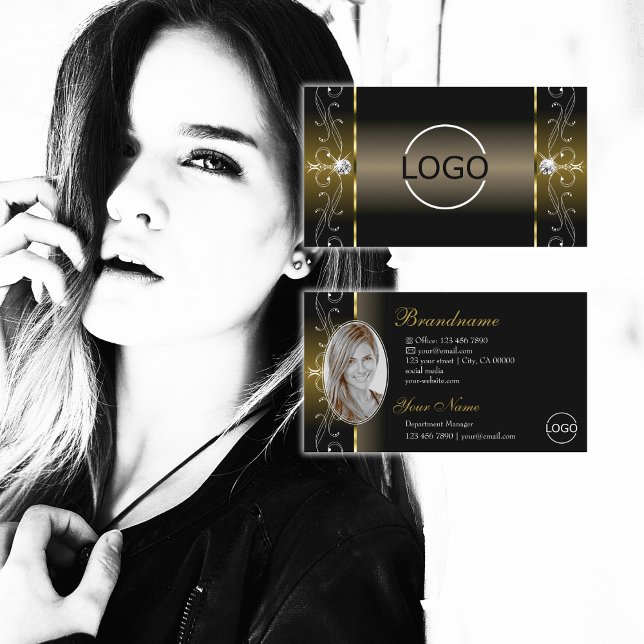 Luxury Black Gold Squiggled Jewels Logo and Photo Business Card (Creator Uploaded)