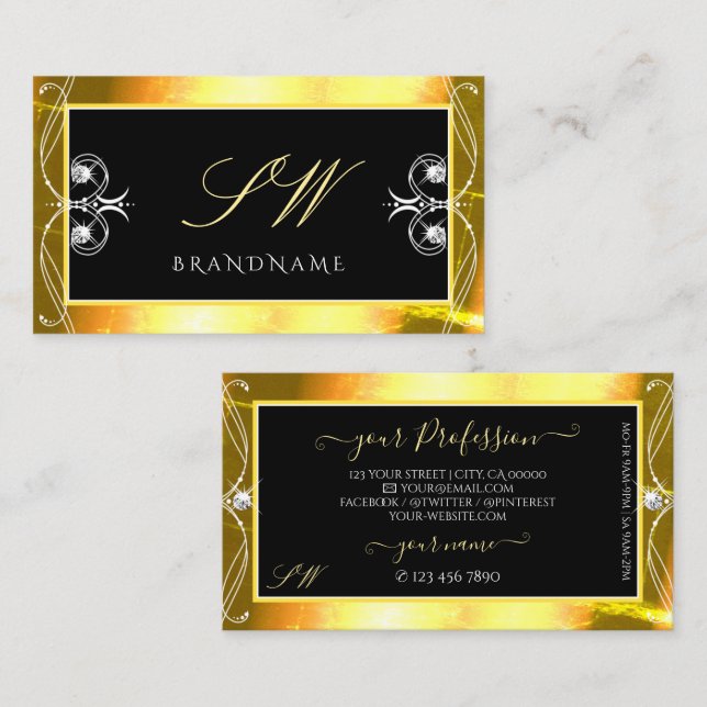 Luxury Black Golden Sparkle Jewels Initials Ornate Business Card (Front/Back)