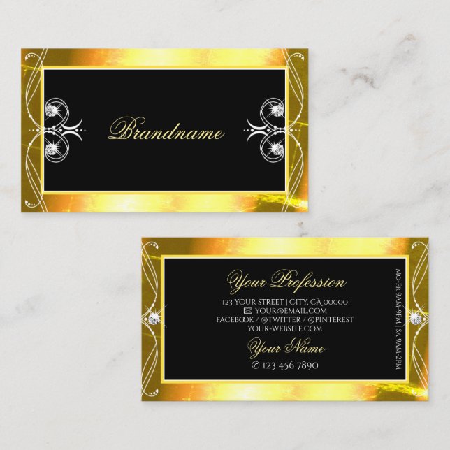 Luxury Black Golden Sparkle Jewels Ornate Ornament Business Card (Front/Back)