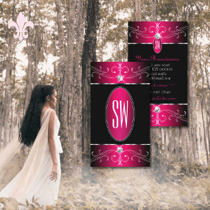 Luxury Black Hot Pink Ornate Ornaments Monogram Business Card