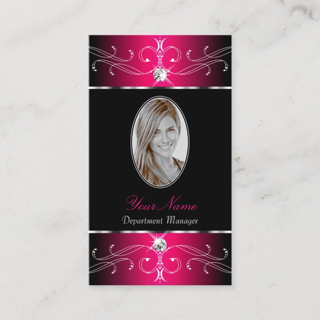 Luxury Black Hot Pink Ornate Ornaments with Photo Business Card (Front)