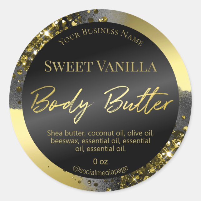 Luxury Black Ink Gold Glitter Body Butter Labels (Front)