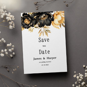 Luxury black ivory gold peony floral Save the Date Invitation