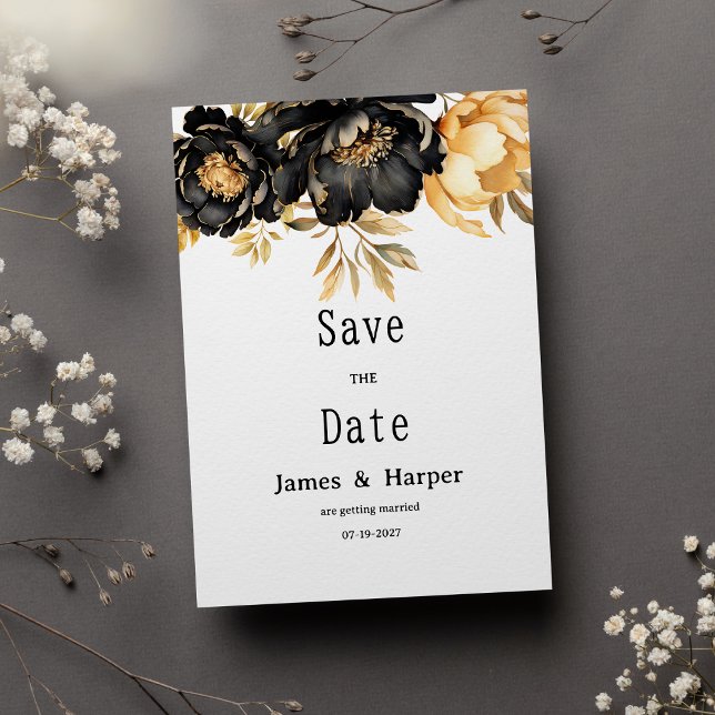 Luxury black ivory gold peony floral Save the Date Invitation (Luxury black ivory gold peony floral Save the Date)