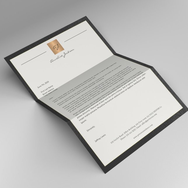 Luxury black leather frame gold monogram business letterhead (Creator Uploaded)