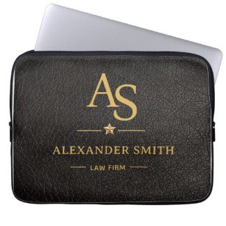 Luxury Black Leather Gold Monogram Business Brand Laptop Sleeve