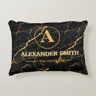 Luxury Black Marble Gold Monogram Business Brand Accent Pillow