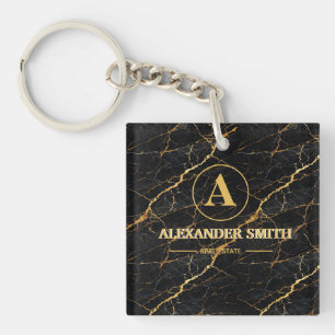 Luxury Black Marble Gold Monogram Business Brand Keychain
