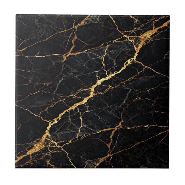Luxury Black Marble Gold Monogram Business Brand Tile (Front)