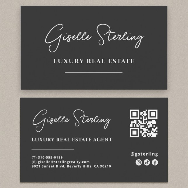 Luxury Black Minimalist Script QR Code Business Card (Creator Uploaded)