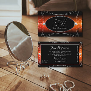 Luxury Black Orange Ornate Sparkle Jewels Initials Business Card