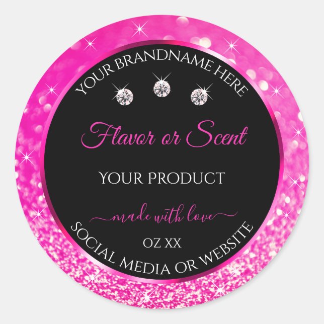 Luxury Black Pink Glitter Product Packaging Labels (Front)