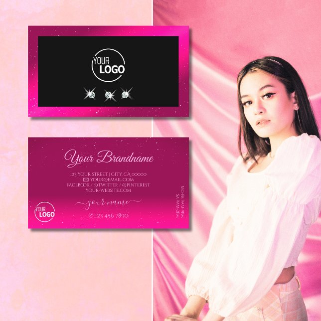 Luxury Black Pink Sparkle Diamonds Add Logo Modern Business Card (Creator Uploaded)