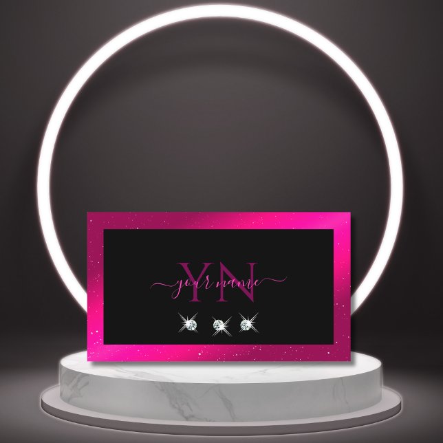 Luxury Black Pink Sparkle Diamonds Monogram Modern Business Card (Creator Uploaded)