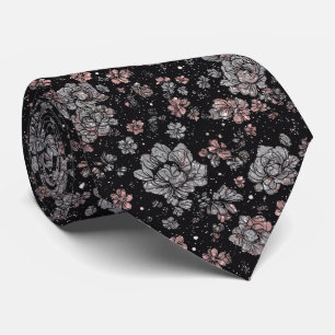 Luxury Black Pink Vintage Metallic Silver Florals  Tie