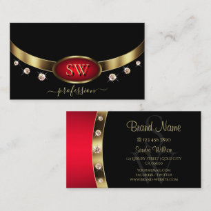 Luxury Black Red Gold with Initals and Diamonds Business Card