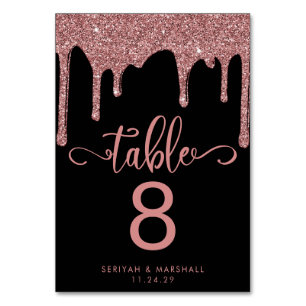 Luxury Black Rose Gold Dripping Glitter Wedding Table Number