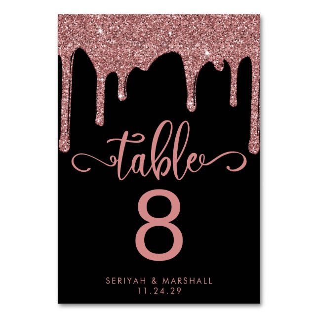 Luxury Black Rose Gold Dripping Glitter Wedding Table Number (Front)