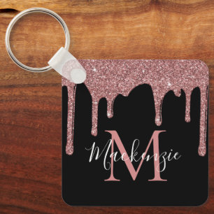 Luxury Black Rose Gold Glitter Drips Monogram Keychain