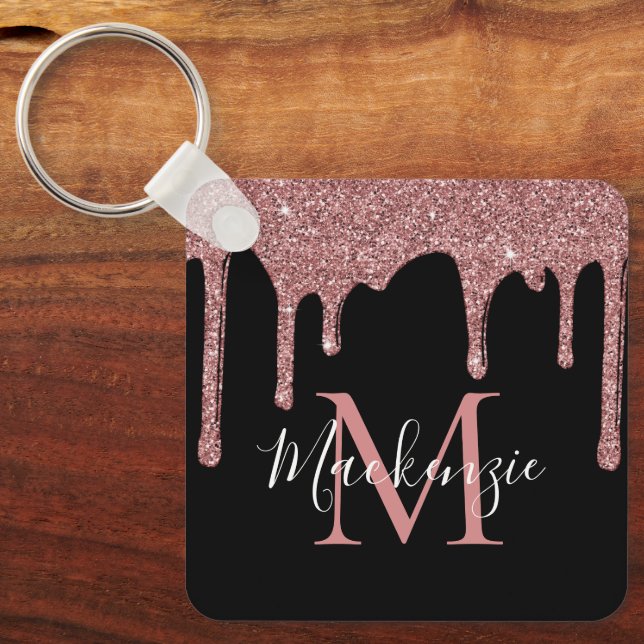 Luxury Black Rose Gold Glitter Drips Monogram Keychain (Front)