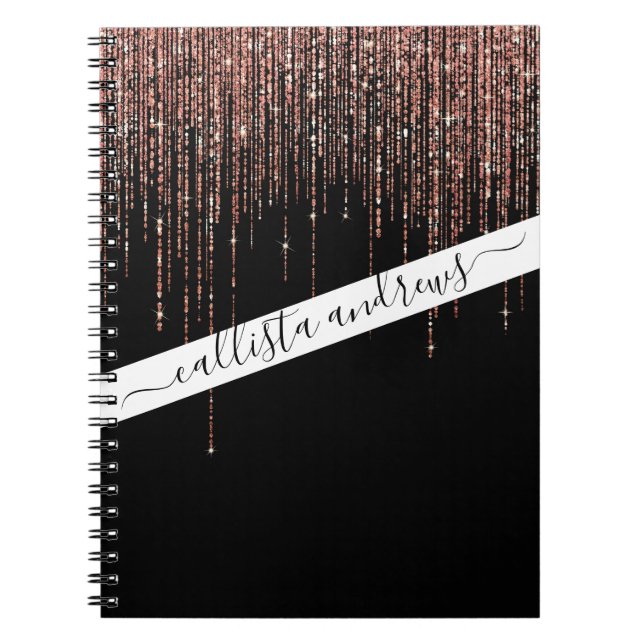 Luxury Black Rose Gold Sparkly Glitter Fringe Notebook (Front)