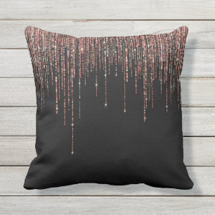 Luxury Black Rose Gold Sparkly Glitter Fringe Outdoor Pillow