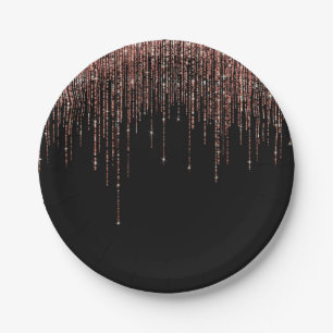 Luxury Black Rose Gold Sparkly Glitter Fringe Paper Plate