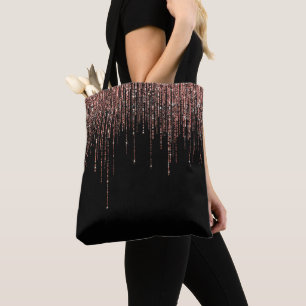 Luxury Black Rose Gold Sparkly Glitter Fringe Tote Bag