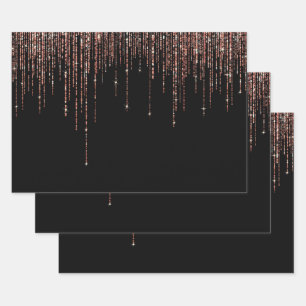 Luxury Black Rose Gold Sparkly Glitter Fringe Wrapping Paper Sheet