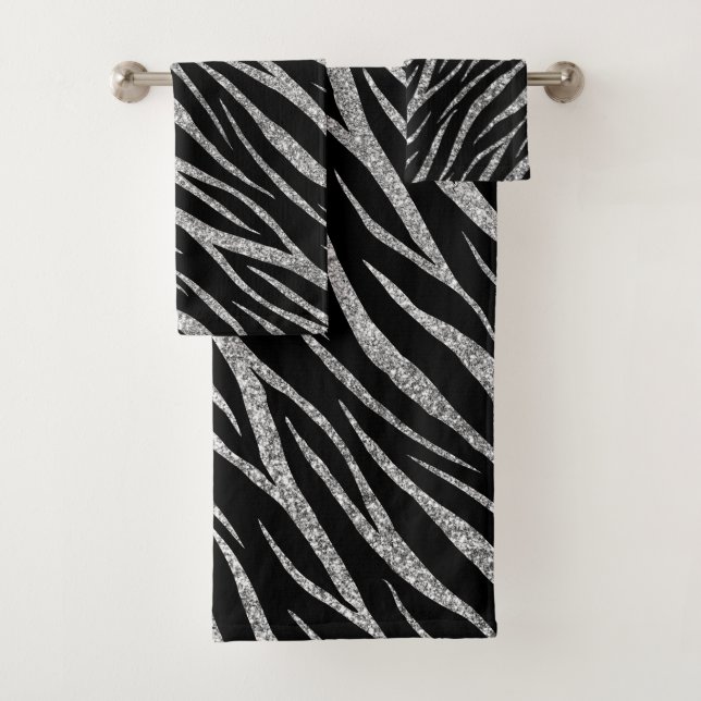Luxury Black Silver Classy Chic Girly Zebra Print Bath Towel Set (Insitu)
