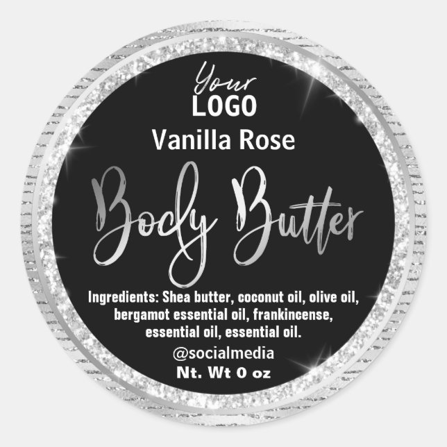 Luxury Black Silver Glitter Body Butter Labels (Front)