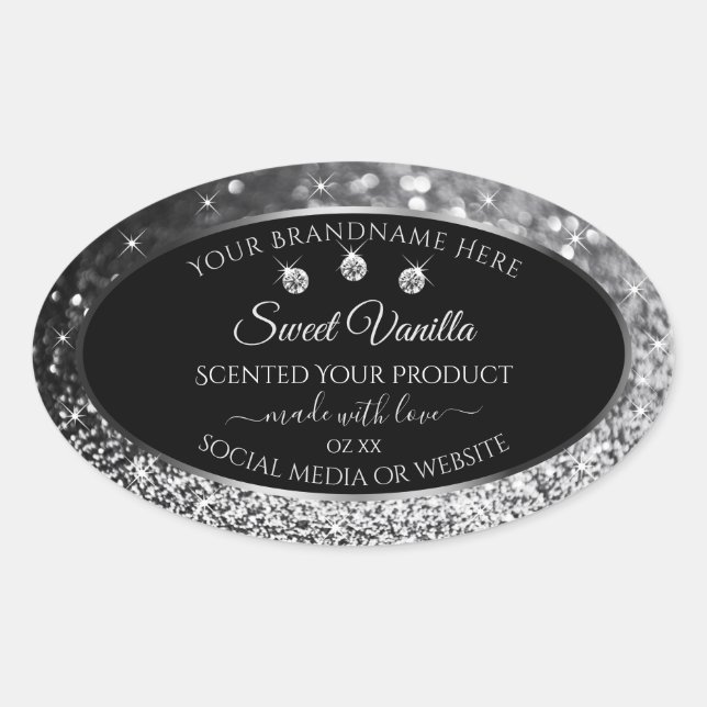 Luxury Black Silver Glitter Diamonds Product Label (Front)