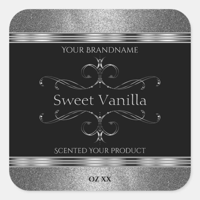 Luxury Black Silver Glitter Ornate Product Labels (Front)