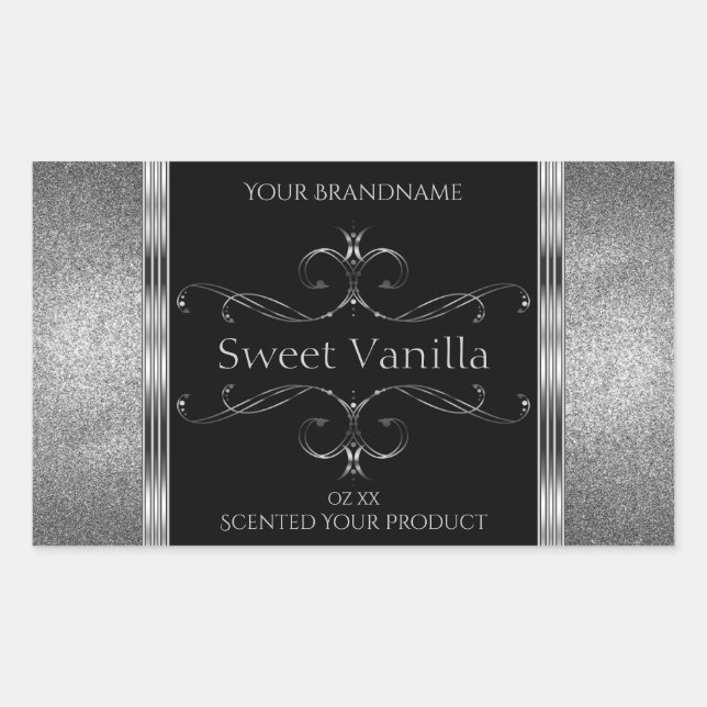 Luxury Black Silver Glitter Ornate Product Labels (Front)
